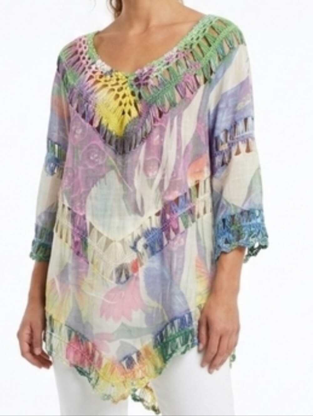 JANICE Boho Crochet Floral Sharkbite Hem Tunic Blouse Mixed Print Festival M/L